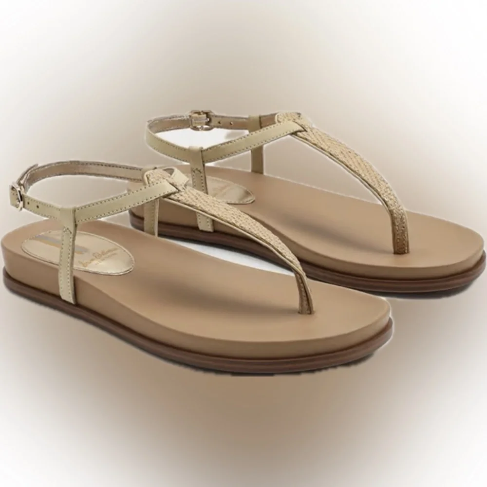 Sam Edelman Naomi Thing Beige Raffia T-Strap Sandals with Gold Accent NWOT